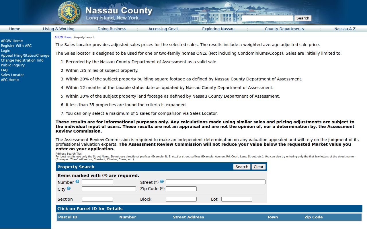 Mineola residents directory Nassau AROW property search fields