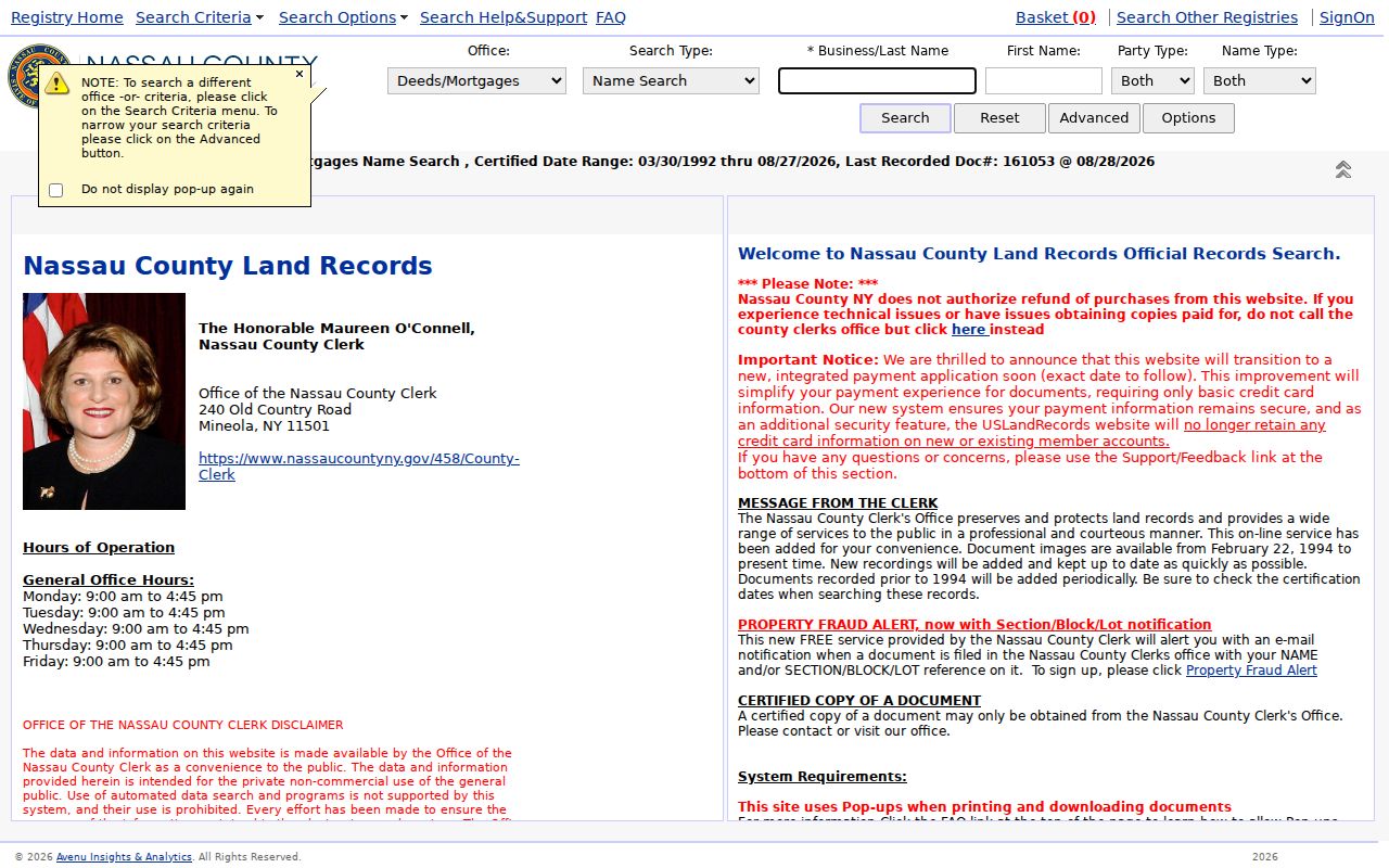Mineola residents directory Nassau Clerk deed and mortgage index