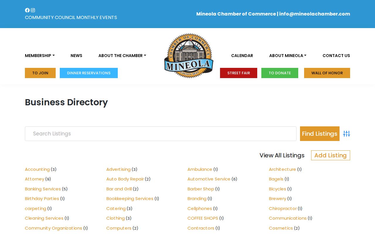 Mineola neighbors Chamber directory with category and keyword browsing