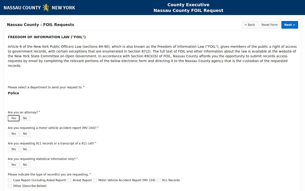 Mineola resident lookup Nassau County Police FOIL request form