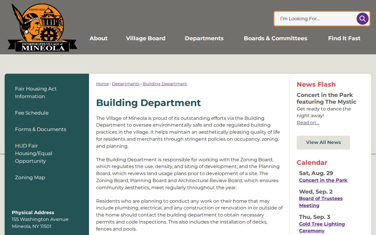 Mineola street directory Building Department office information